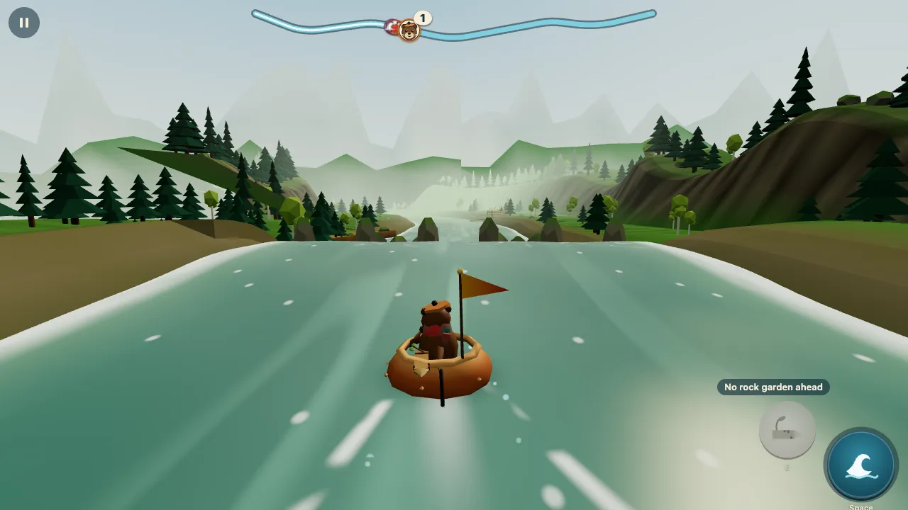 An otter in a copper kettle paddling down a misty pine forest river toward a waterfall