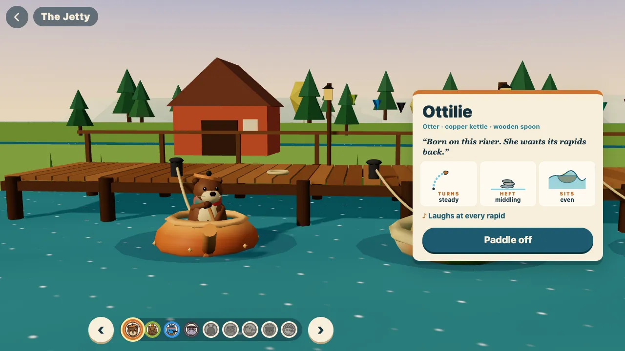 Ottilie the otter in her copper kettle at a wooden jetty, with a card about her boat and paddle
