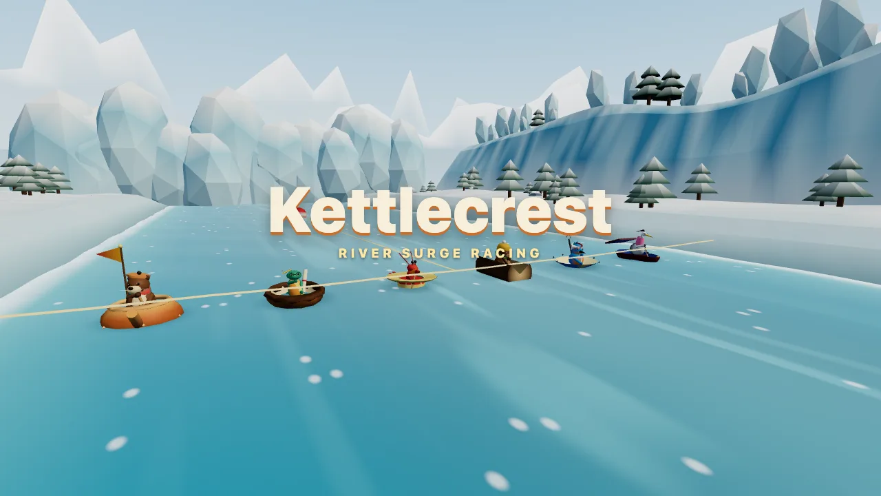 River animals in a kettle, a pumpkin, a dresser drawer and other found boats at the start rope of a glacier river under the Kettlecrest logo